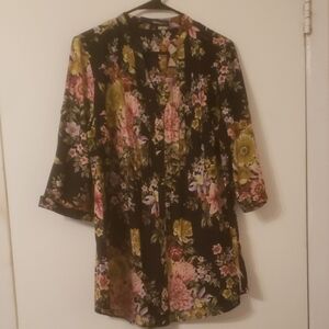 Denim 24/7 Floral V-Neck Blouse, Tunic Length. 3/4 Sleeves, Tucked, Pleated 12W